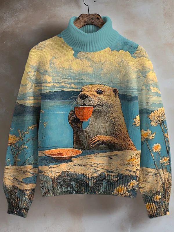 Women's Otter Drinking Tea Art Print High Neck Knit Sweatshirt