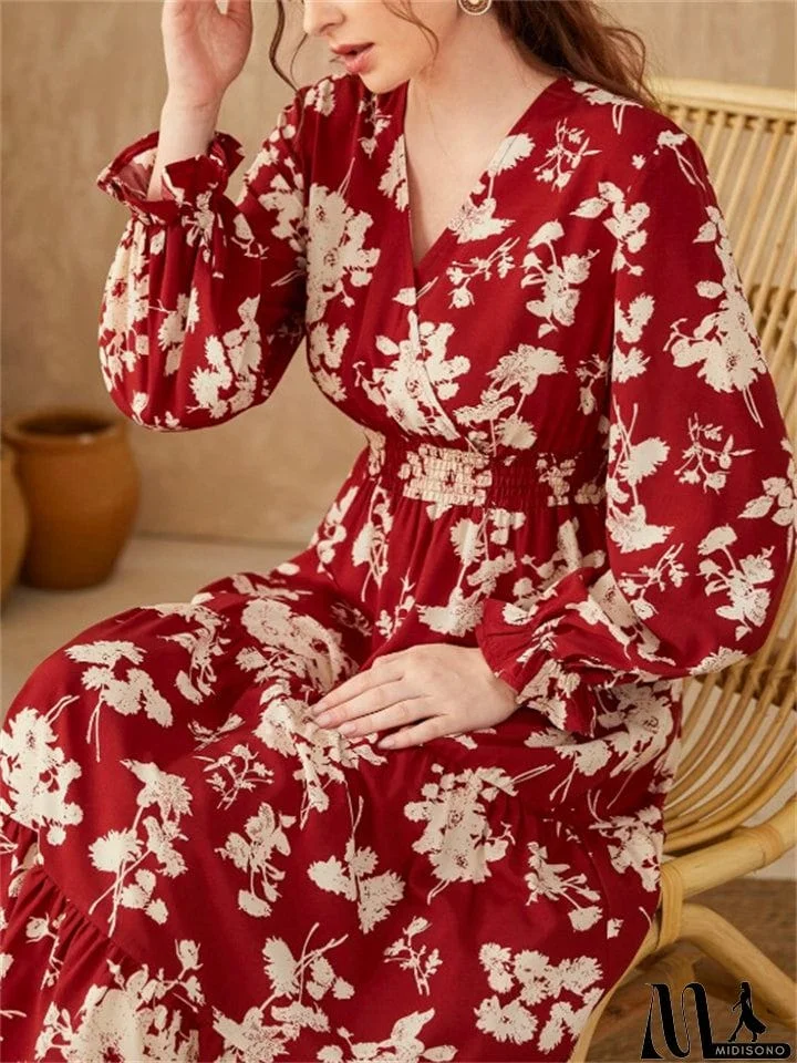 MidiSono - Autumn Winter Female Flower Print Long-sleeved Dresses