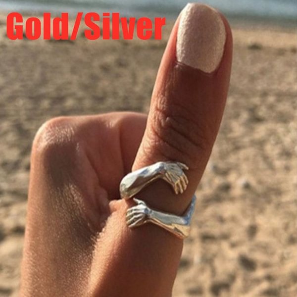 Vintage 925 Sterling Silver Opening Adjustable Ring Gold Silver Color Hug with Both Hands Punk Jewelry - Shop Trendy Women's Fashion | TeeYours
