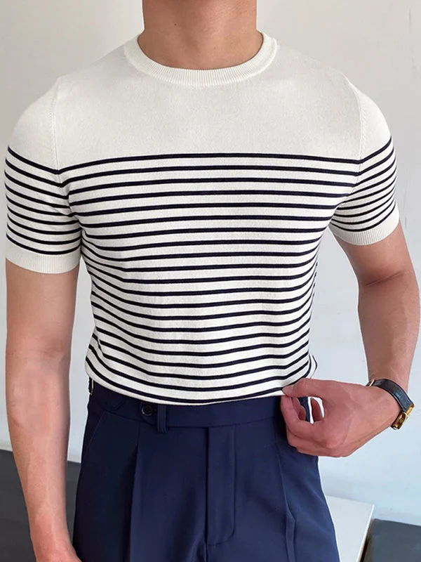 Aonga - Mens Solid Striped Pattern Short Sleeve T-shirt K