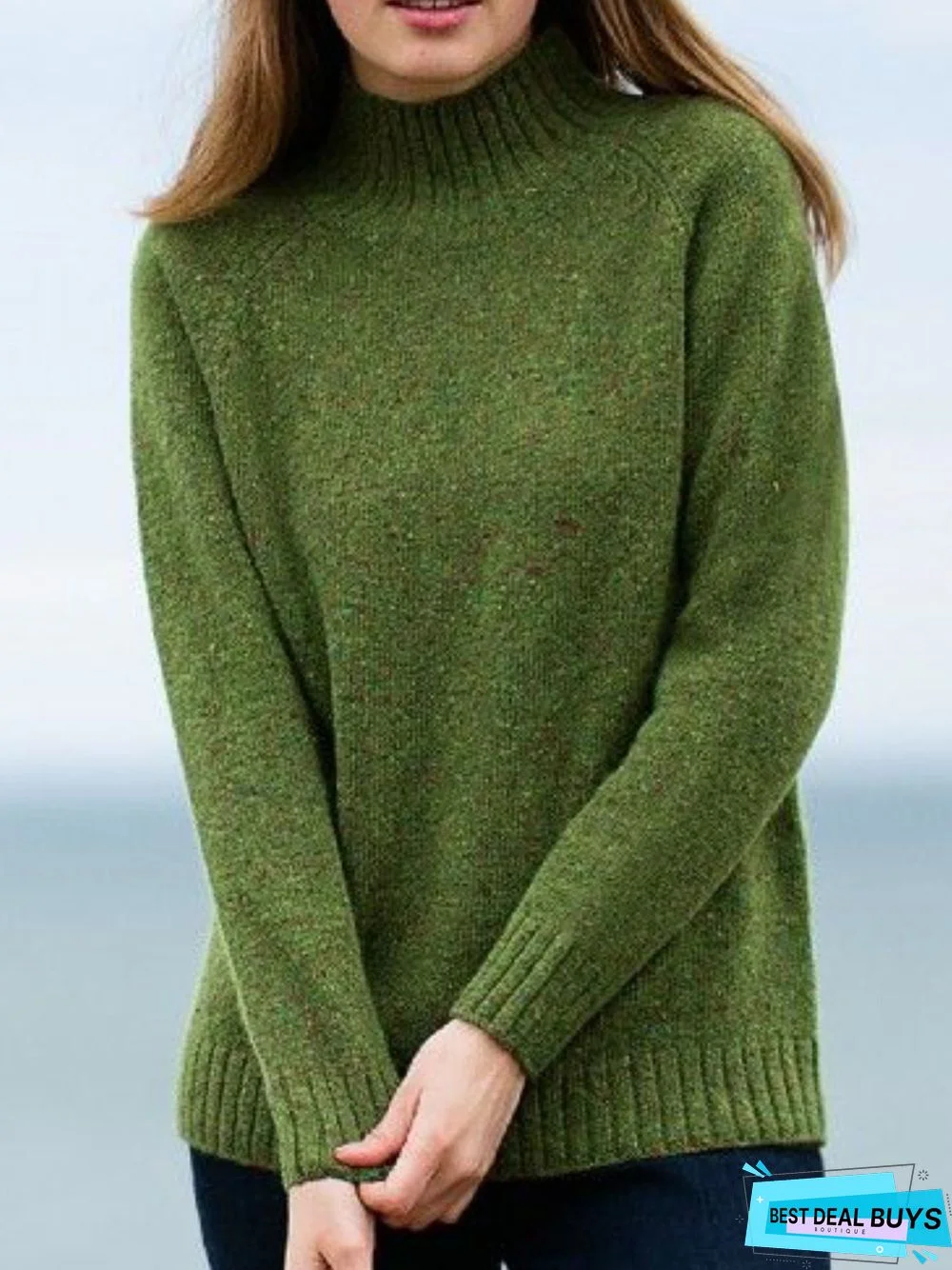 Green Turtleneck Casual Tunic Sweater Knit Jumper