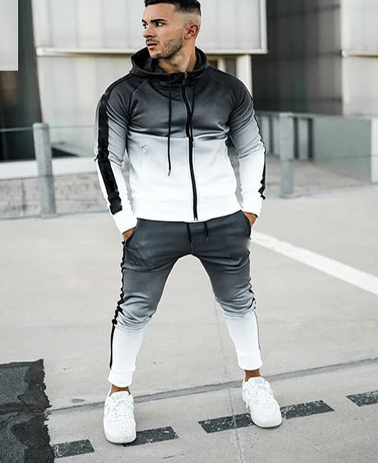 Ombre Contrast Side Seam Sports Hooded Jacket & Sweatpants Set Okaywear
