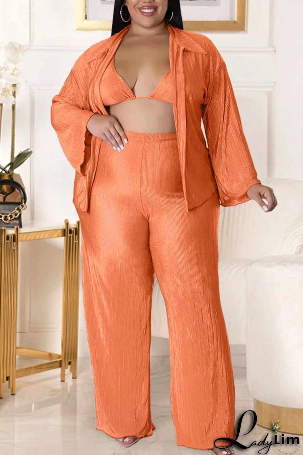 Tangerine Red Sexy Solid Patchwork Turndown Collar Plus Size Three Pieces