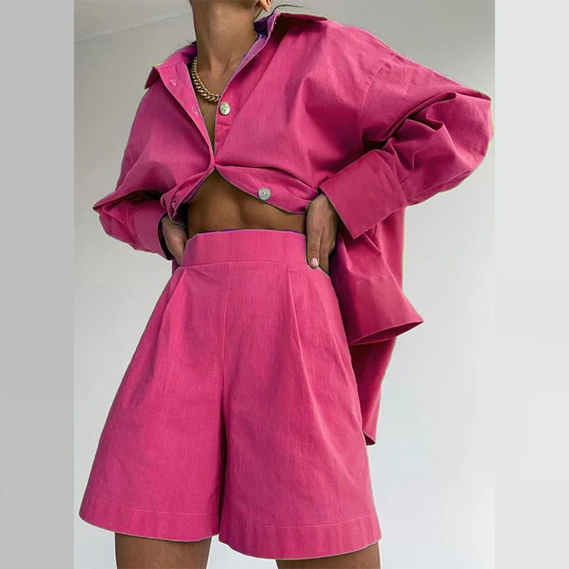 Casual Women Short Set Tracksuit Loungewear Two Piece Women Outfits Oversized Long Shirt And High Waist Shorts Green