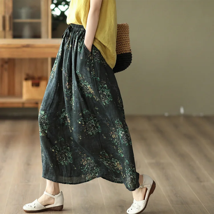 Cozy Floral Printed Linen A-Line Double Layers Skirt