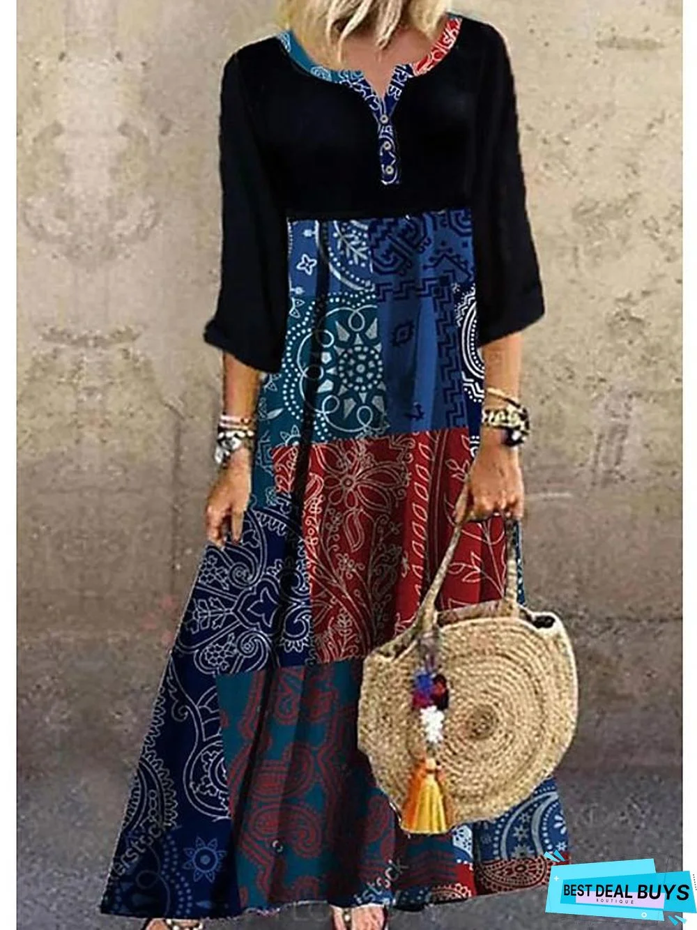 Women's Shift Dress Maxi Long Dress Half Sleeve Print Summer Hot Casual Boho Vacation Dresses Black Dresses