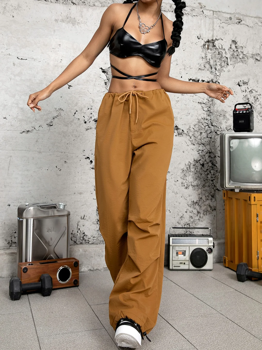 Solid Drawstring Waist Parachute Pants