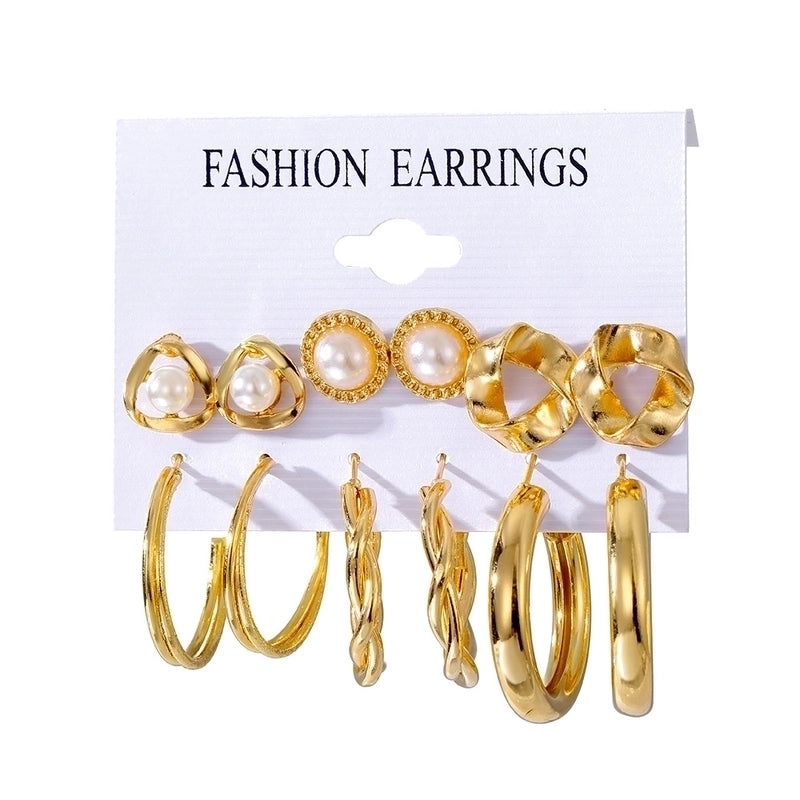 Retro Round Alloy Plating Artificial Pearls Women’s Earrings Ear Studs 6-piece Set