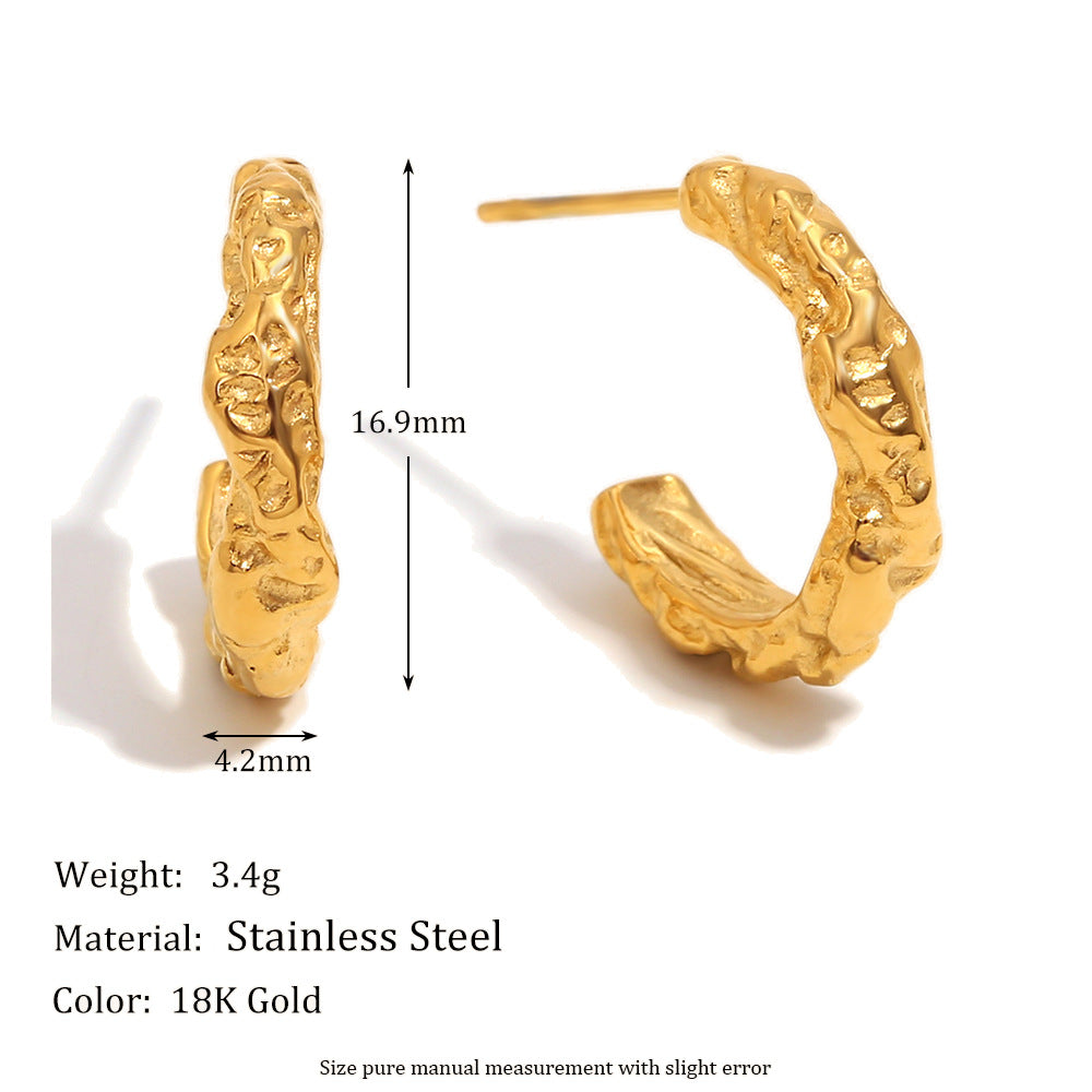 Fashionable Ins Style All-Match Earrings Stainless Steel Plated With 18K Gold Irregular Hammered Pattern Small Earrings