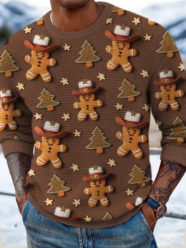 Men's Christmas Tree Cowboy Gingerbread Man Print Knit Sweatshirt