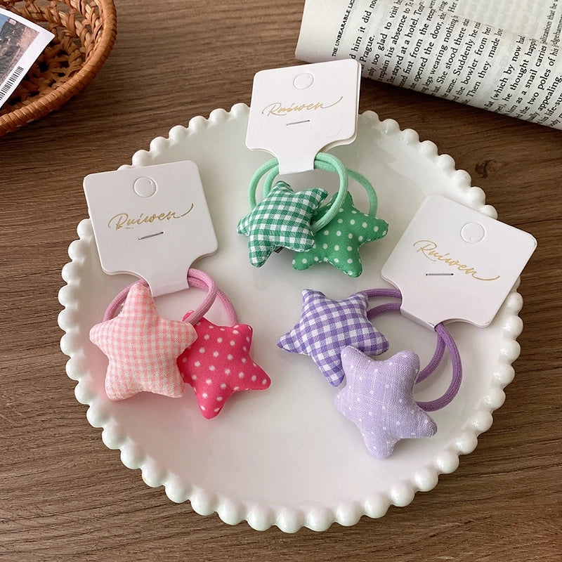 2 Korean Style Sweet Fabric Cotton Filled Colorful Five-Pointed Star Plaid Polka Dot Hair Ring Children Girl Hair Accessory For Ponytail