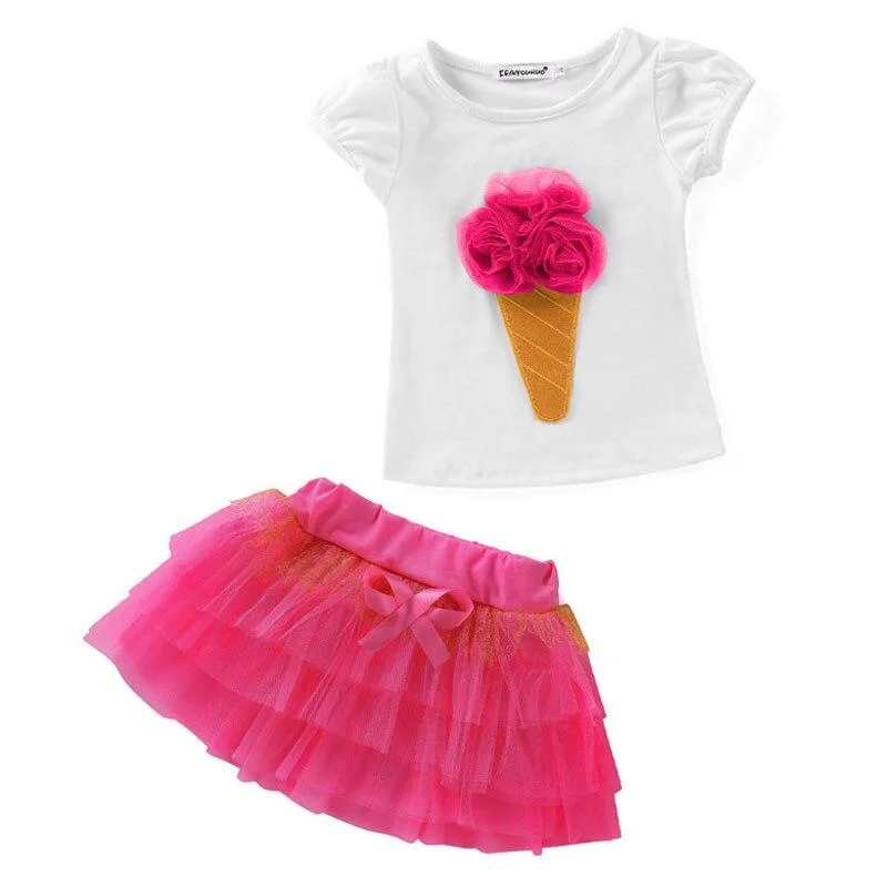 Summer Toddler Girls Cute Sets Costumes For Kids T-Shirt Tutu Skirt 2pcs Sport Suit Children Clothing Outfit 3 4 5 6 7 8 Year