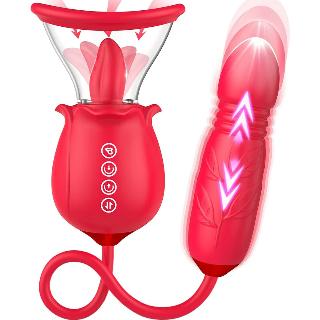 3-in-1 Rose Tongue Licking Clit-sucker & Thrusting Vibrator With 2 Suction Cups
