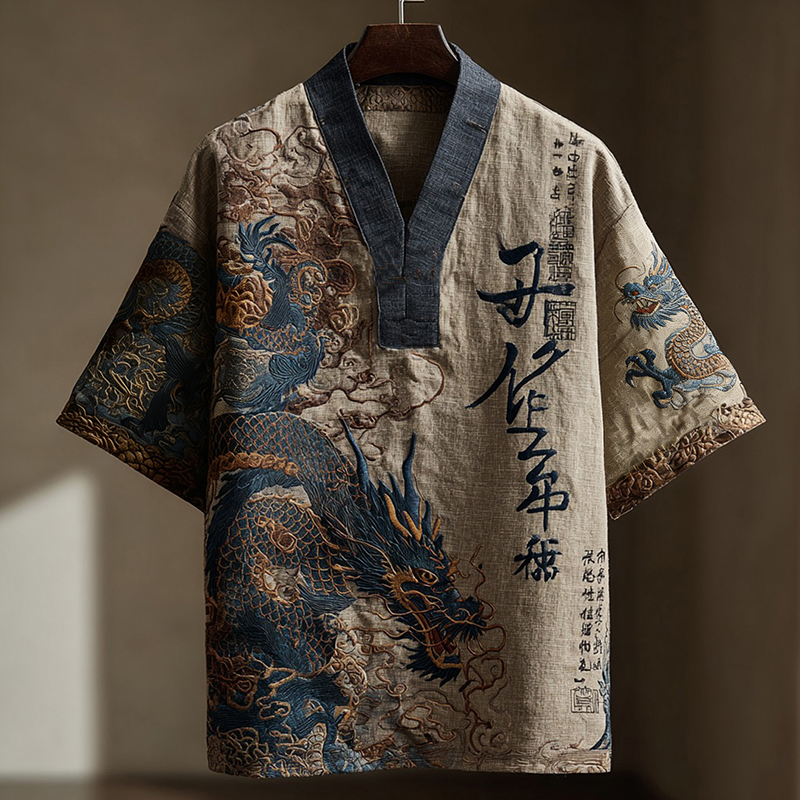 Men's Calligraphy With Dragon Art Print Short Sleeve Shirt  artssus
