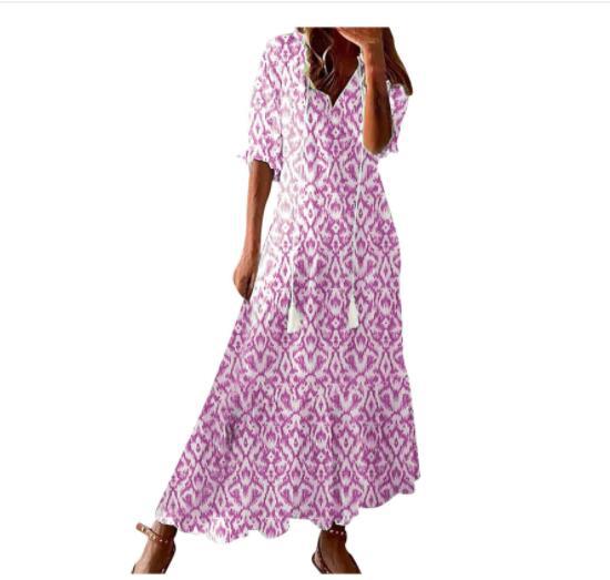 Mature Women Summer Loose V-neck Bohemian Style Print Dress Mid Waist Maxi Dress