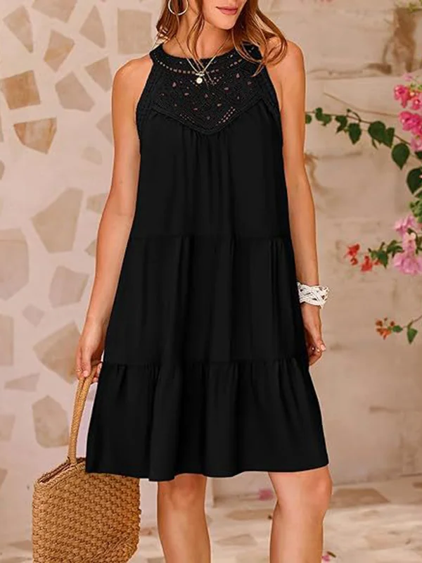 Loose Sleeveless Hollow Pleated Solid Color Split-Joint Round-Neck Mini Dresses