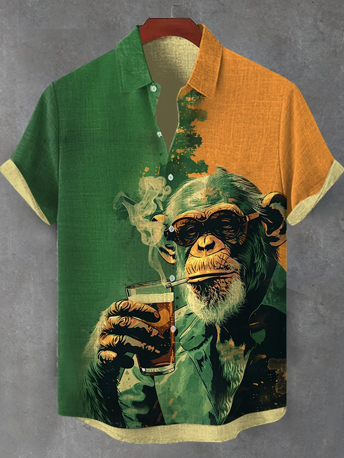Men's Monkey Gentleman Smokes and Drinks Beer Contrast Color Art Print Shirt