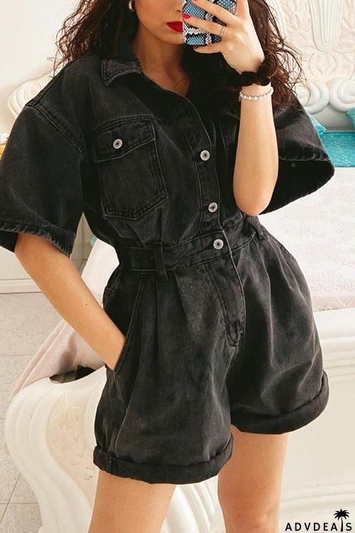Pockets Denim Short Sleeve Romper