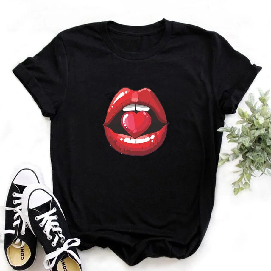 Fashion Women's Casual Sequins Red Lip T-Shirt Short Sleeve T-Shirts 2020 Vintage Creativity zipper Lips T-Shirt,drop ship