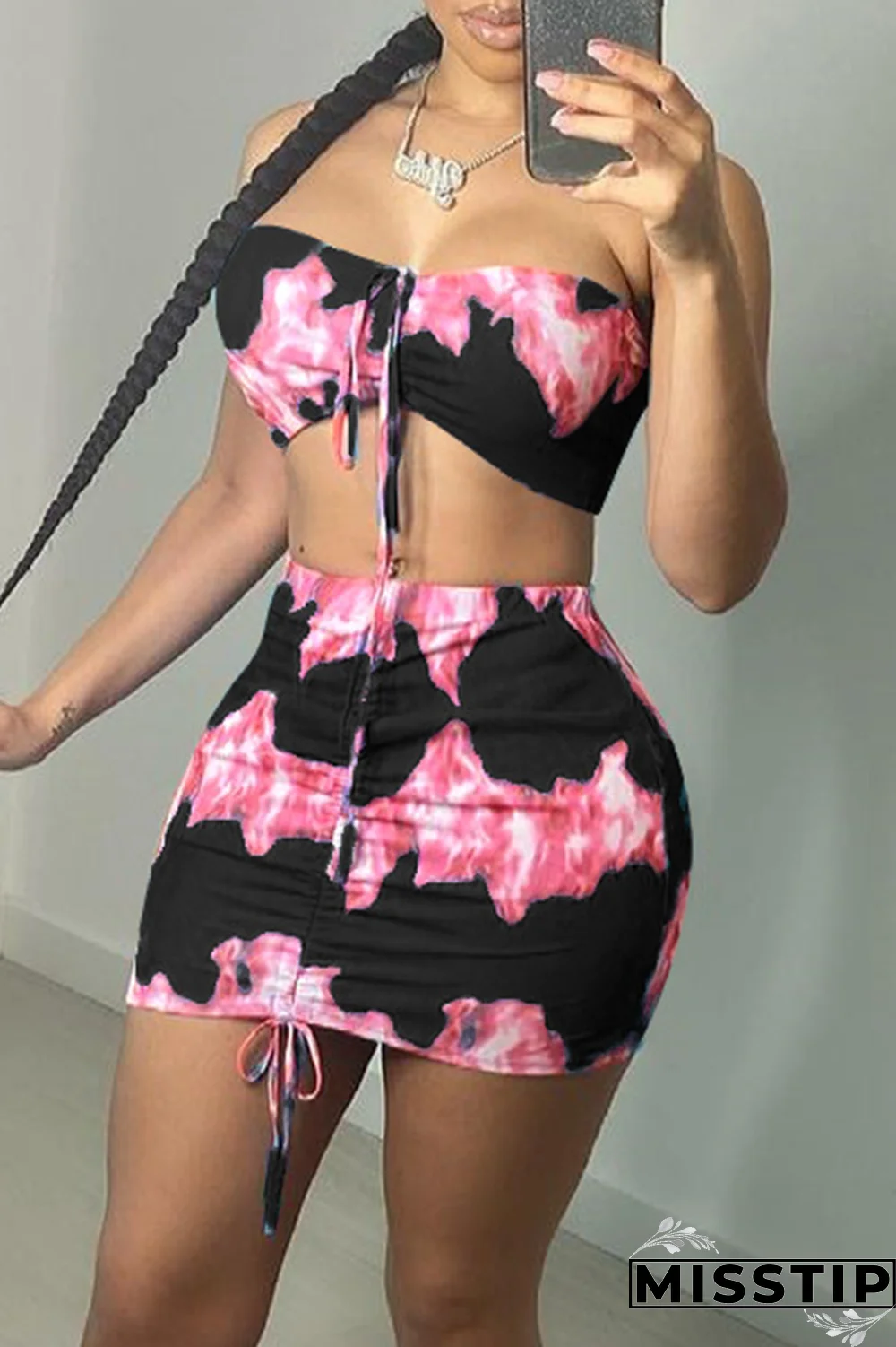 Blue Sexy Print Bandage Patchwork Strapless Sleeveless Two Pieces