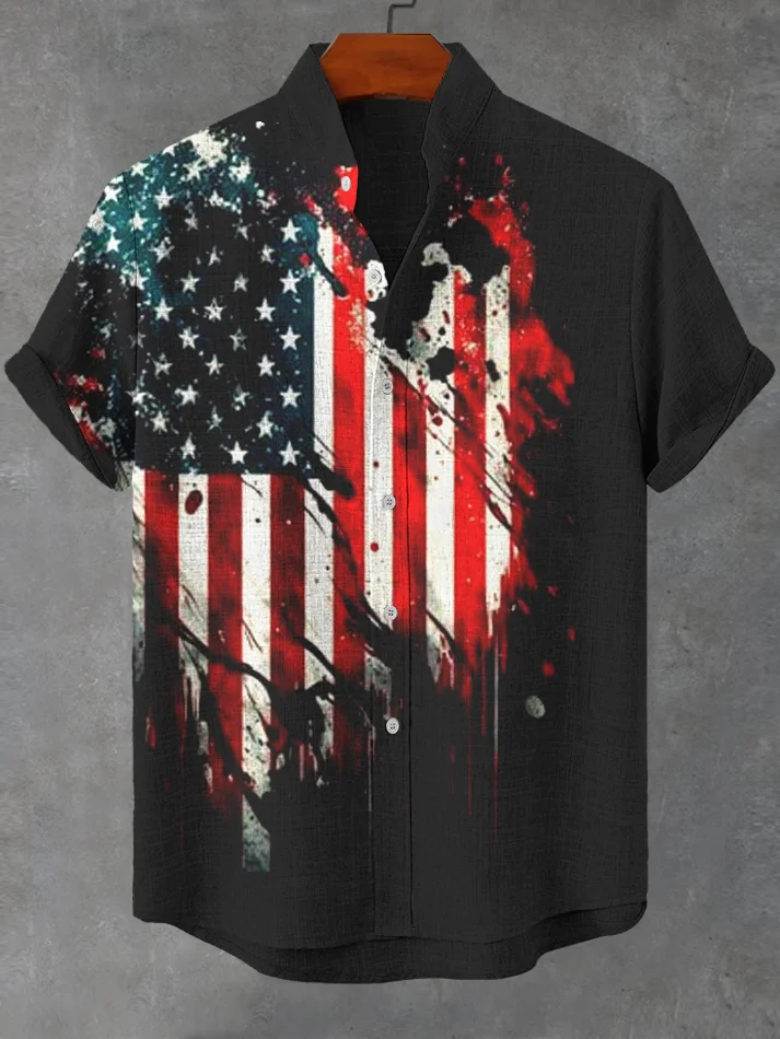 Men's Independence Day Flag Print Linen Blend Shirt