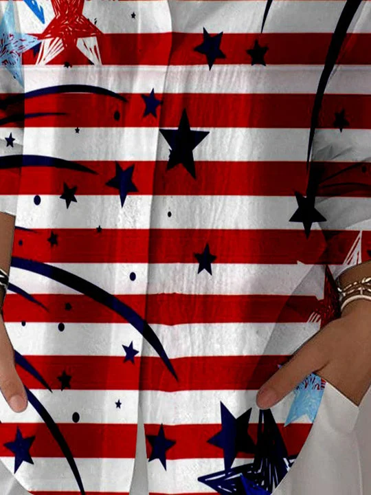 Women 3/4 Sleeve Shirt Collar National Flag Striped Printed Graphic Button Tops