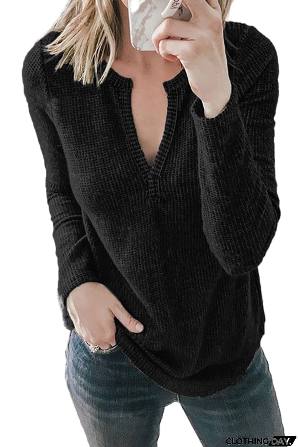 V Neck Cotton Blend Long Sleeve Top