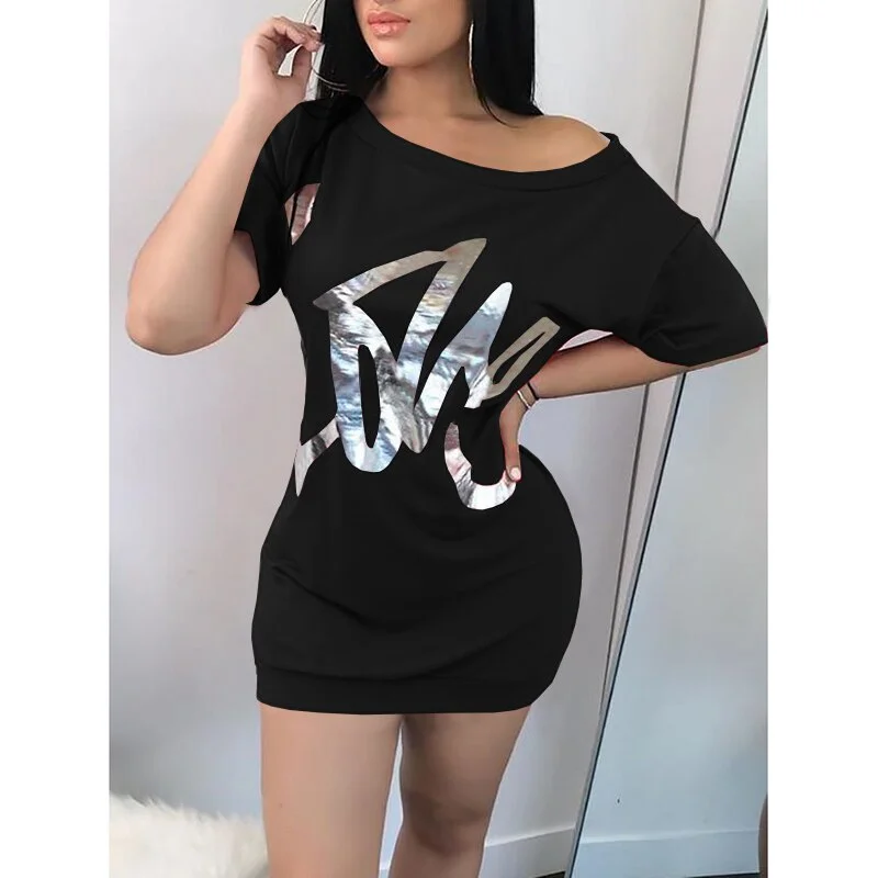 Umeko Summer 2020 New One Shoulder Mini Dress Sexy Club Dress Women Letters Print Short Sleeve Loose Dresses Sundress Female