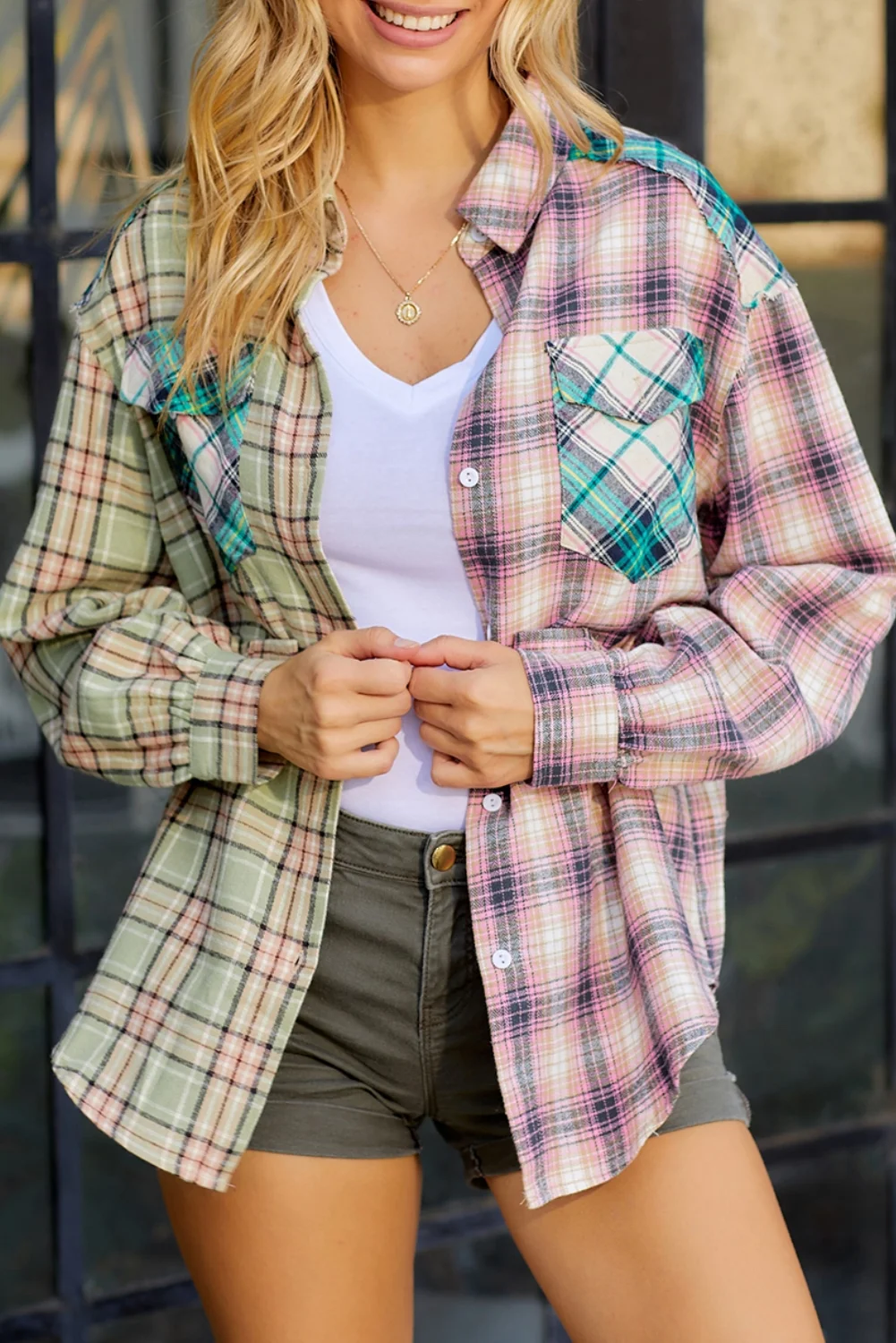 Multicolor Plaid Patchwork Front Pockets Long Sleeve Shirt | IFYHOME