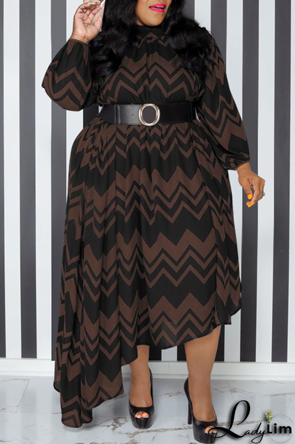 Yellow Casual Print Patchwork With Belt O Neck Irregular Dress Plus Size Dresses