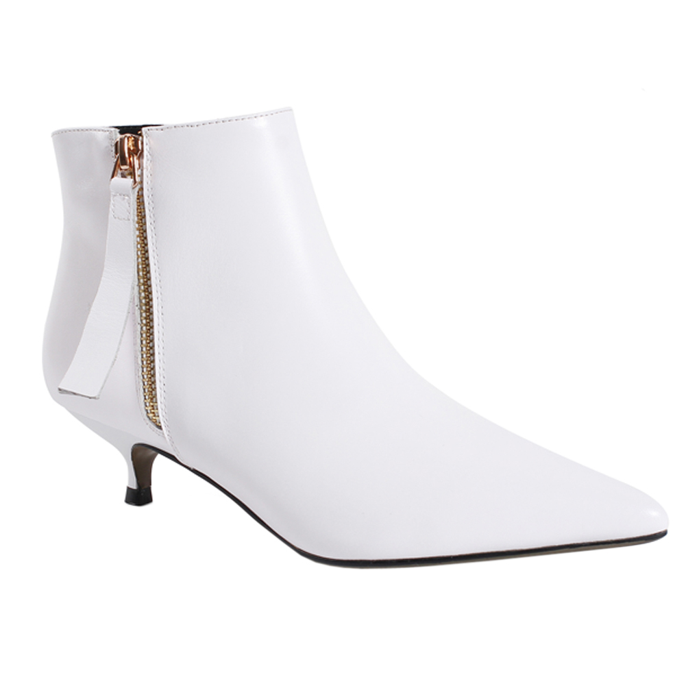 4cm Zipper Leather Kitten Heels Ankle Boots White-vocosishoes