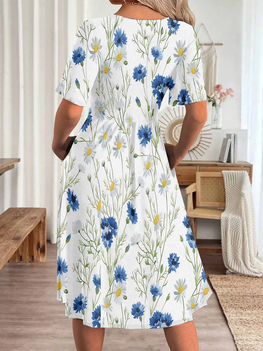 Women Floral,Blue DZHA8236 Short Sleeve Scoop Neck Graphic Printed Hollow Midi Dress