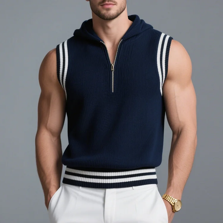 Okaywear Rib Knit Stripes Half Zip Hooded Vest Okaywear