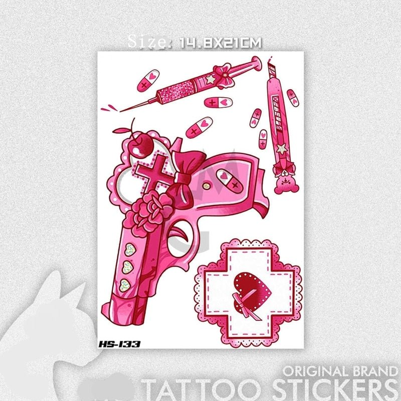 New Girl Gun Combination Pink Tattoo Stickers Female Love 4 Patterns Waterproof Large Fake Tattoo Arm Temporary Tattoo Stickers