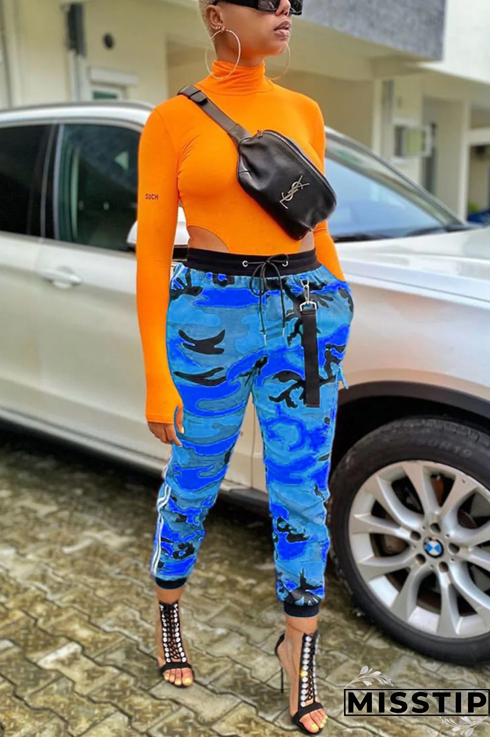 Grey Blue Green Yellow Drawstring Mid Patchwork Print bandage camouflage Loose Capris Bottoms