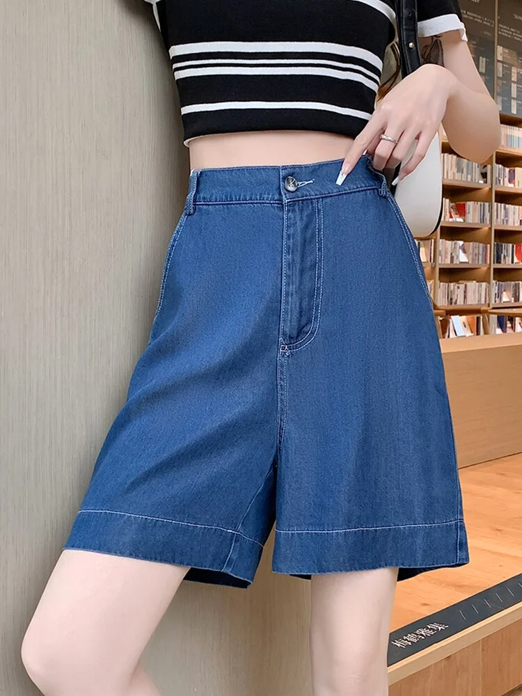 Nncharge New Summer Women Vintage High Waist Wide Leg Denim Shorts Lady Fashion Casual Pockets Solid Color Straight Shorts