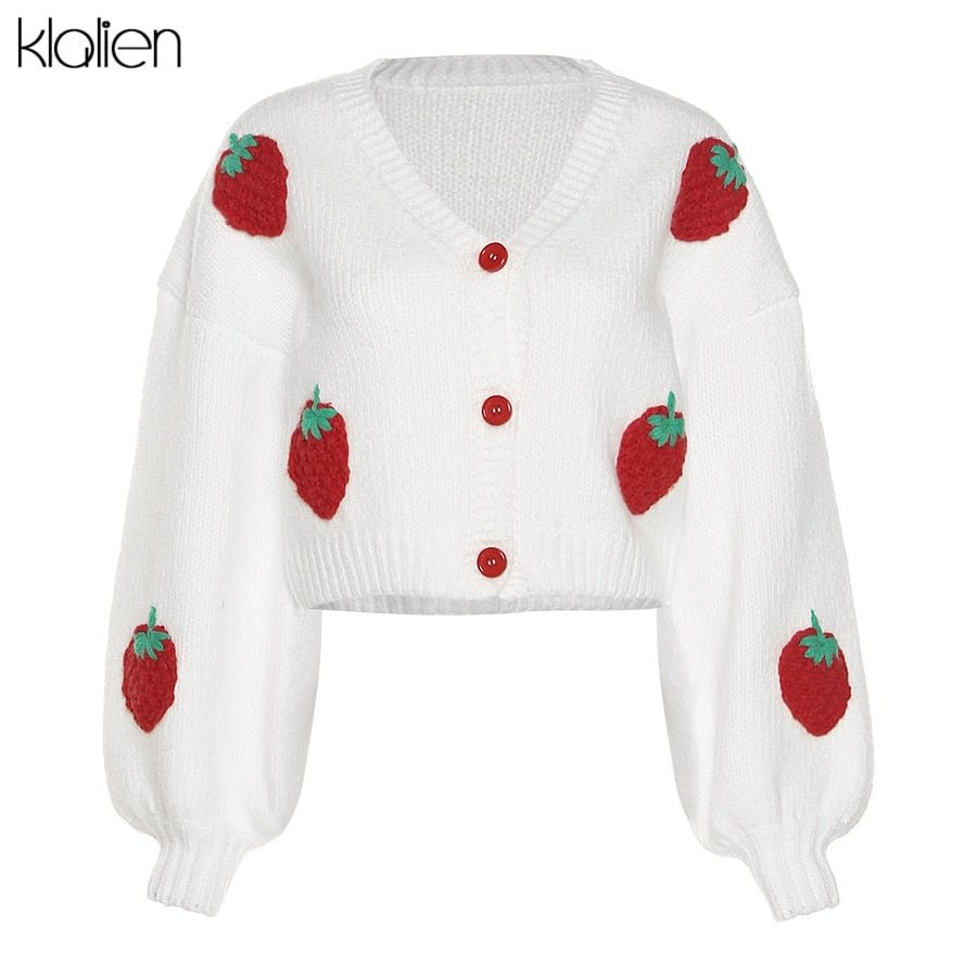 KLALIEN Fashion Elegant Cute Print Strawberry Single Breasted Sweater Women Autumn Thicken Warm Cardigan Sweater Streetwear