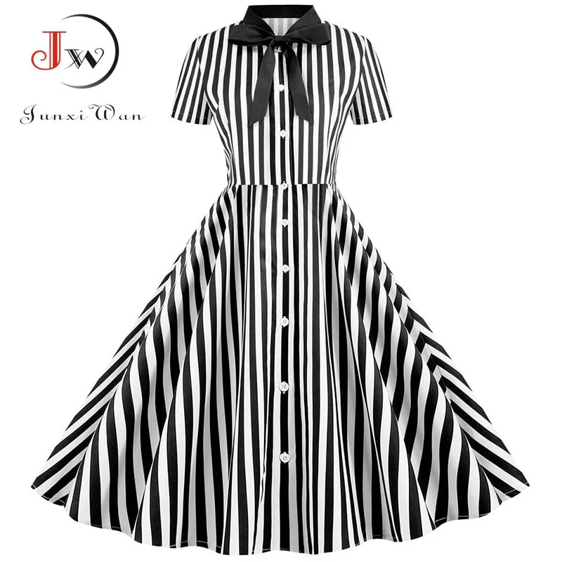 Black Polka Dot Print Women Summer Dress Short Sleeve Striped Bow Elegant Vintage Pin Up 50s Party Dress Vestidos