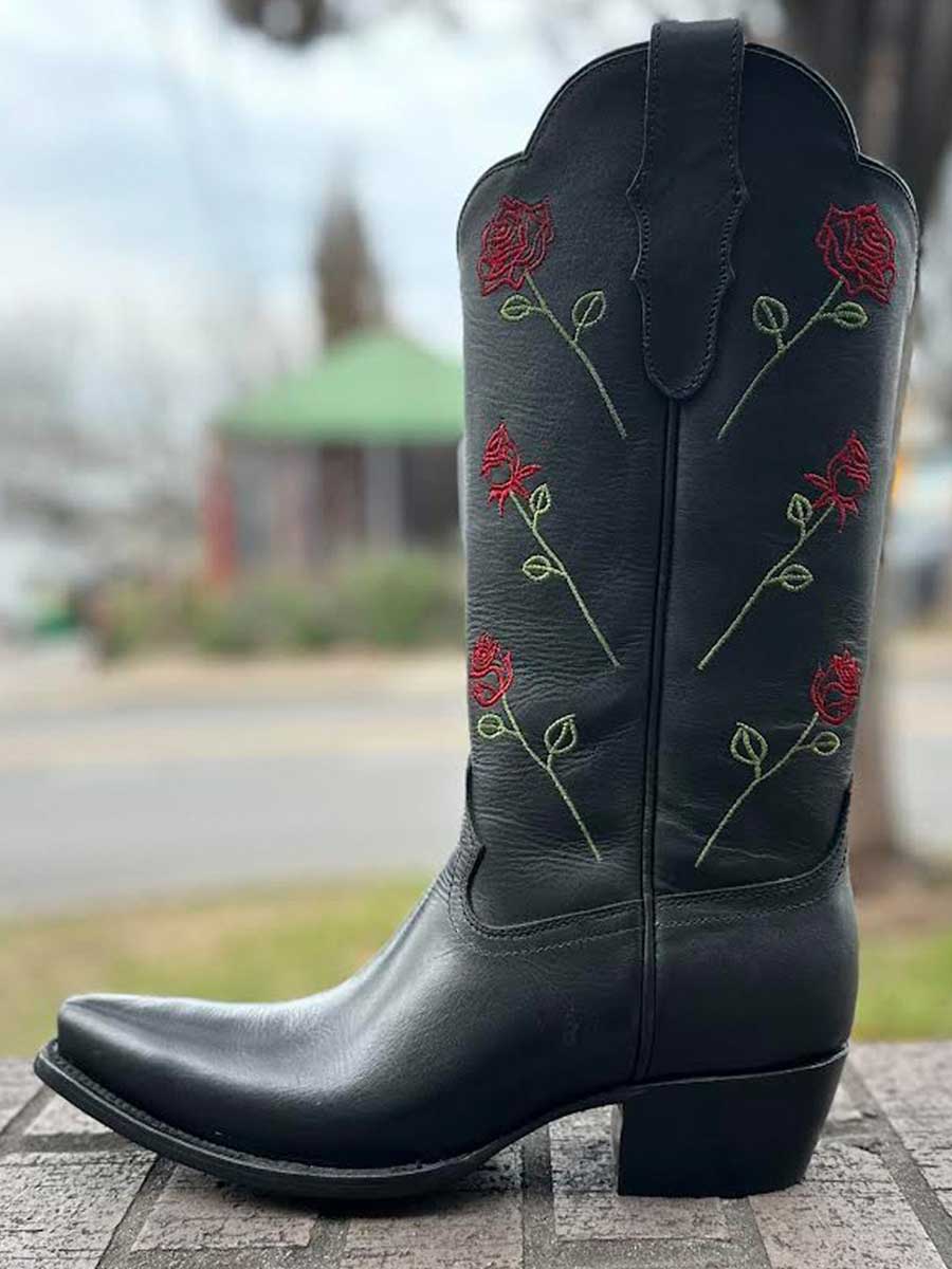 Black Vegan Leather Sophisticated Red Rose Embroidered Wide Calf Knee High Cowgirl Boots