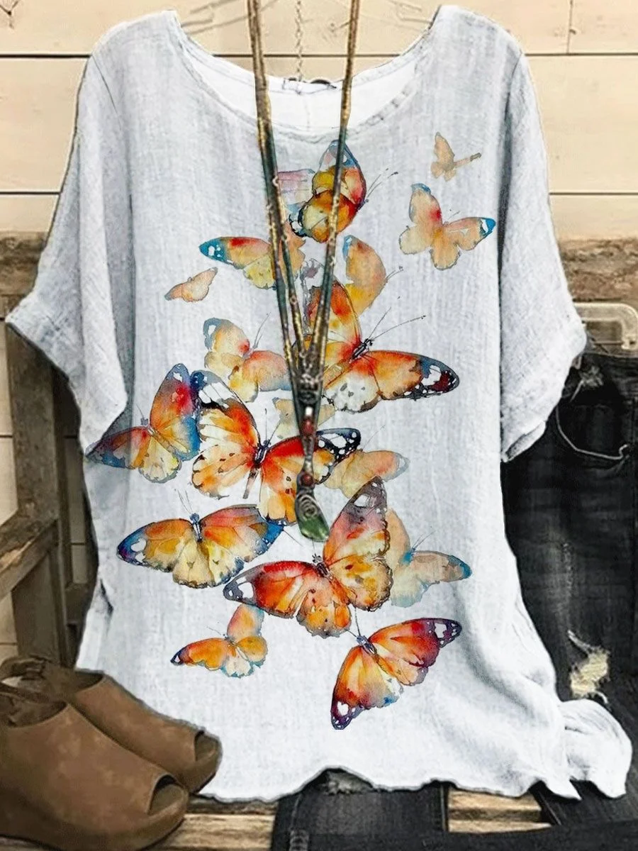 Ladies Elegant Butterfly Digital Print Short Sleeve T-Shirt