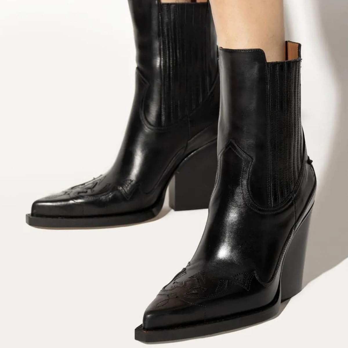 Black Block Heel Pointed Toe Western Chelsea Boots Ladies Nicepairs