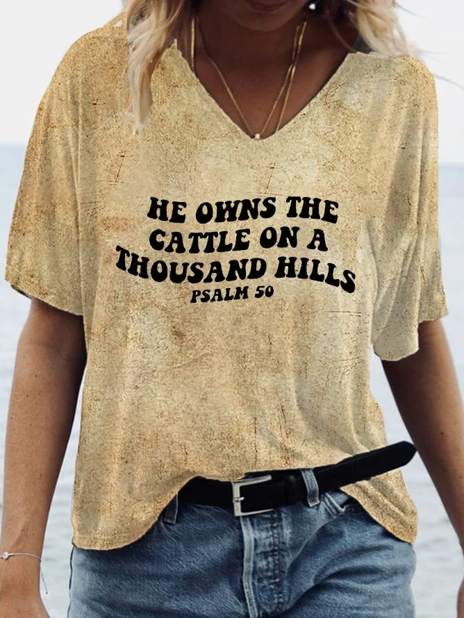Women's Faith Western 'He Owns The Cattle On A Thousand Hills' Print V Neck T-Shirt