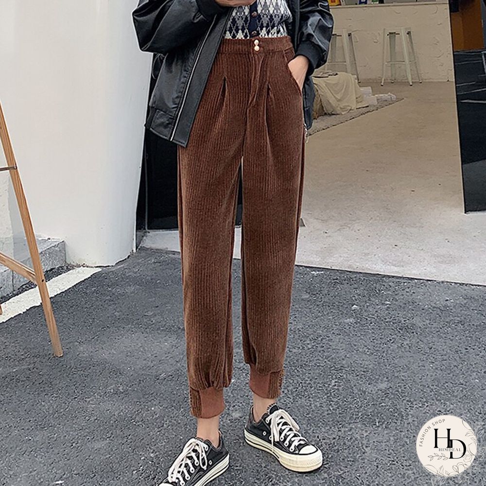 Winter Corduroy Pants Women Korean Fashion Zipper Elastic High Waist Pencil Pant Causal Loose Baggy Trousers Streetwear Mujer