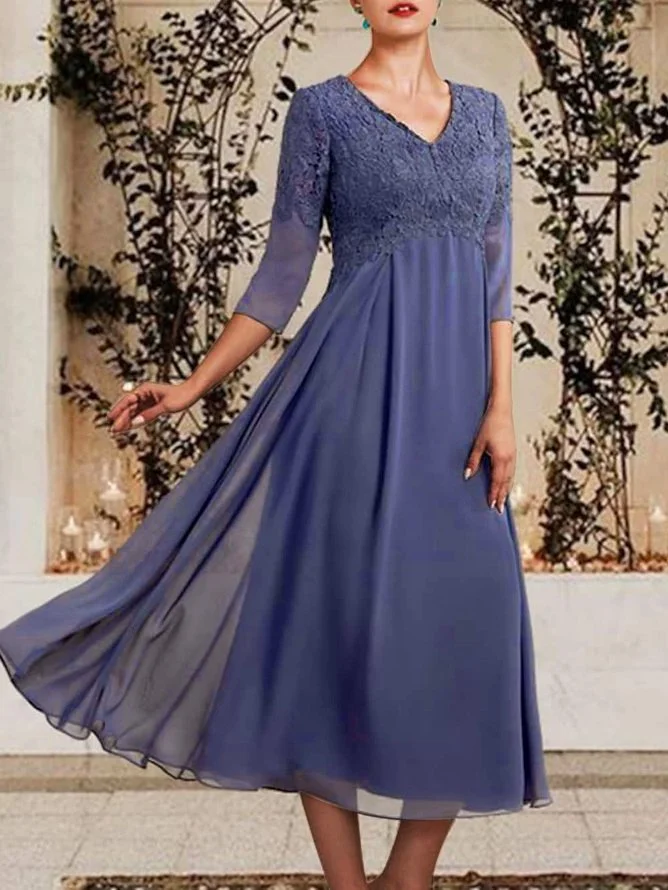 Elegant Plain Lace Panel Slim Fit Dress