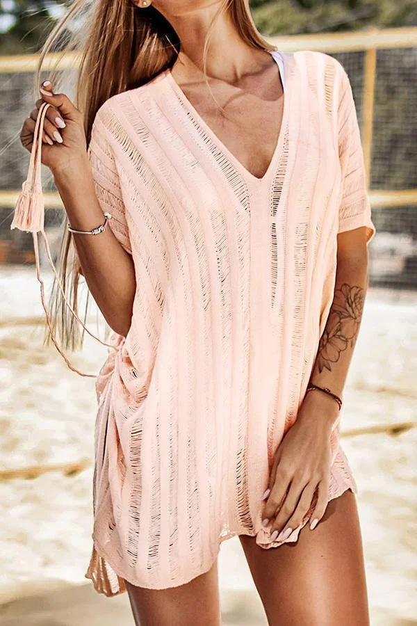Women Knitted Hollow Pink Women Loose Blouse-Allyzone-Allyzone