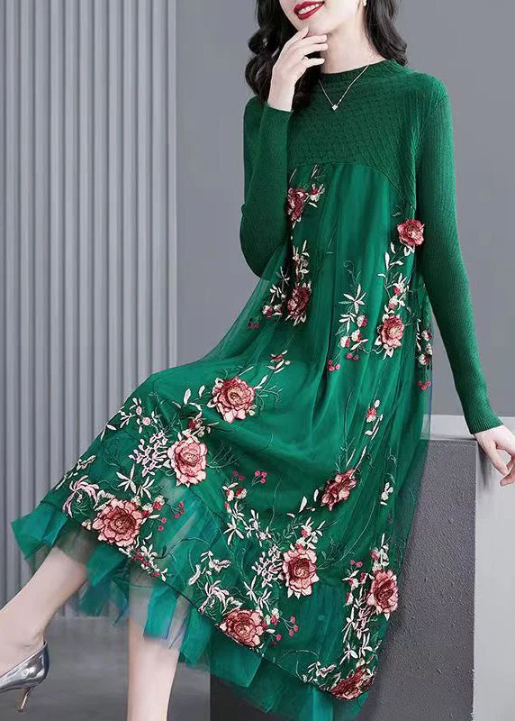 Natural Green Embroideried Patchwork Knit Long Dress Spring