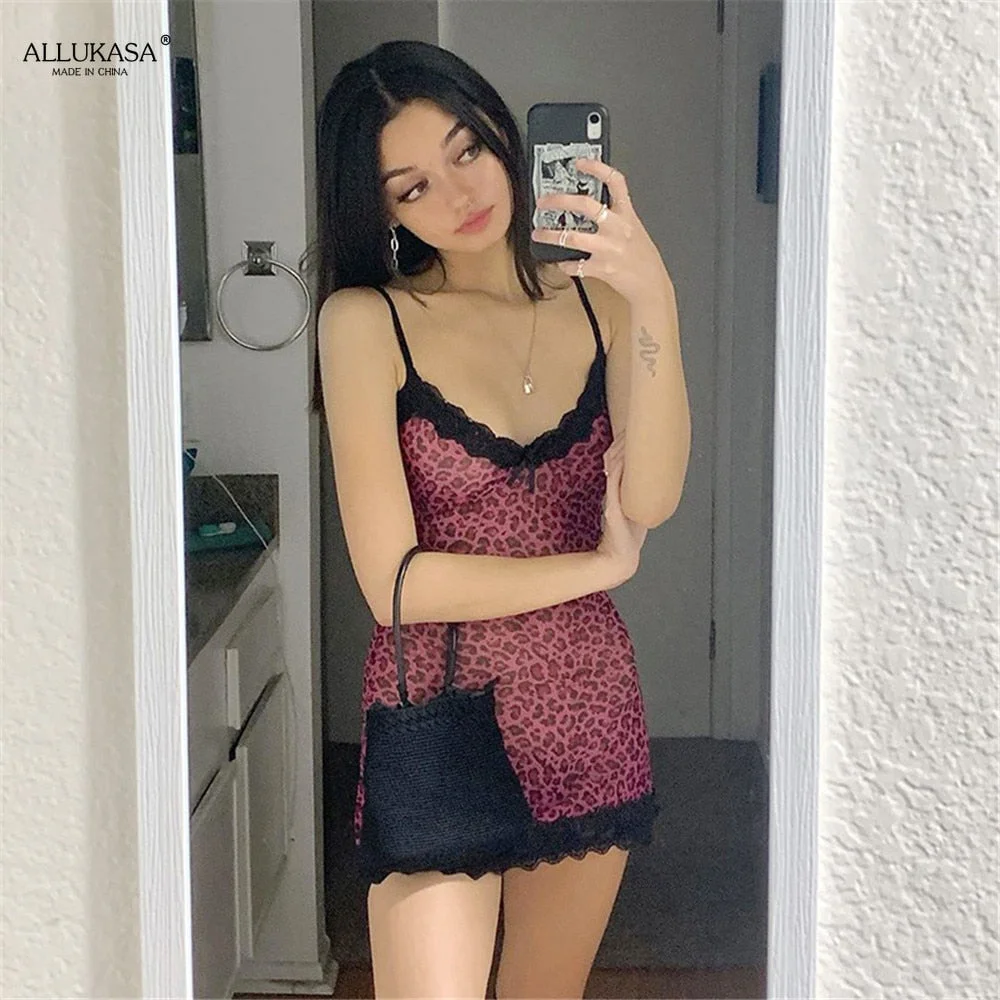 Bodycon Dress Women Animal Leopard Printed Summer Patchwork Lace Frill Sexy Y2K Sleeveless Strappy Dress  Mini Dress