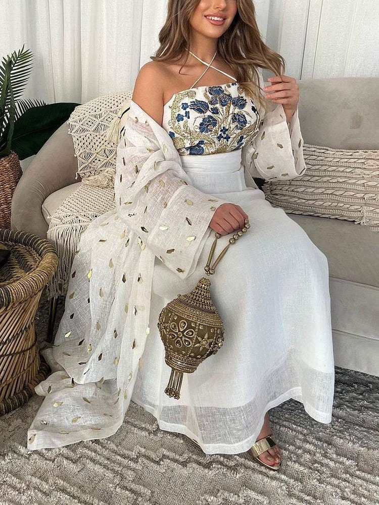 Floral Embroidered Slip Dress and Sequined Outer Set