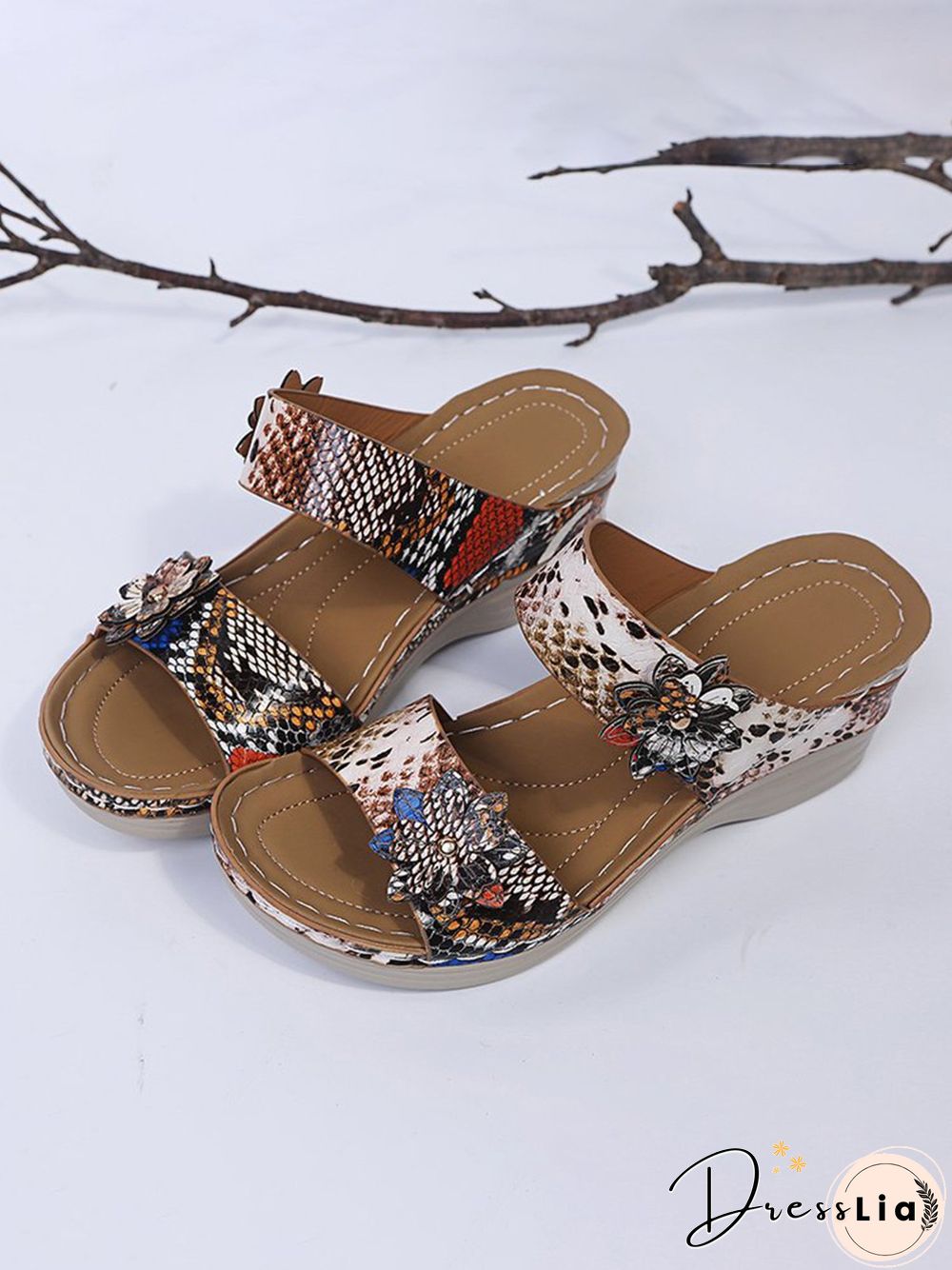3D Floral Snake Print Wedge Sandals Slippers