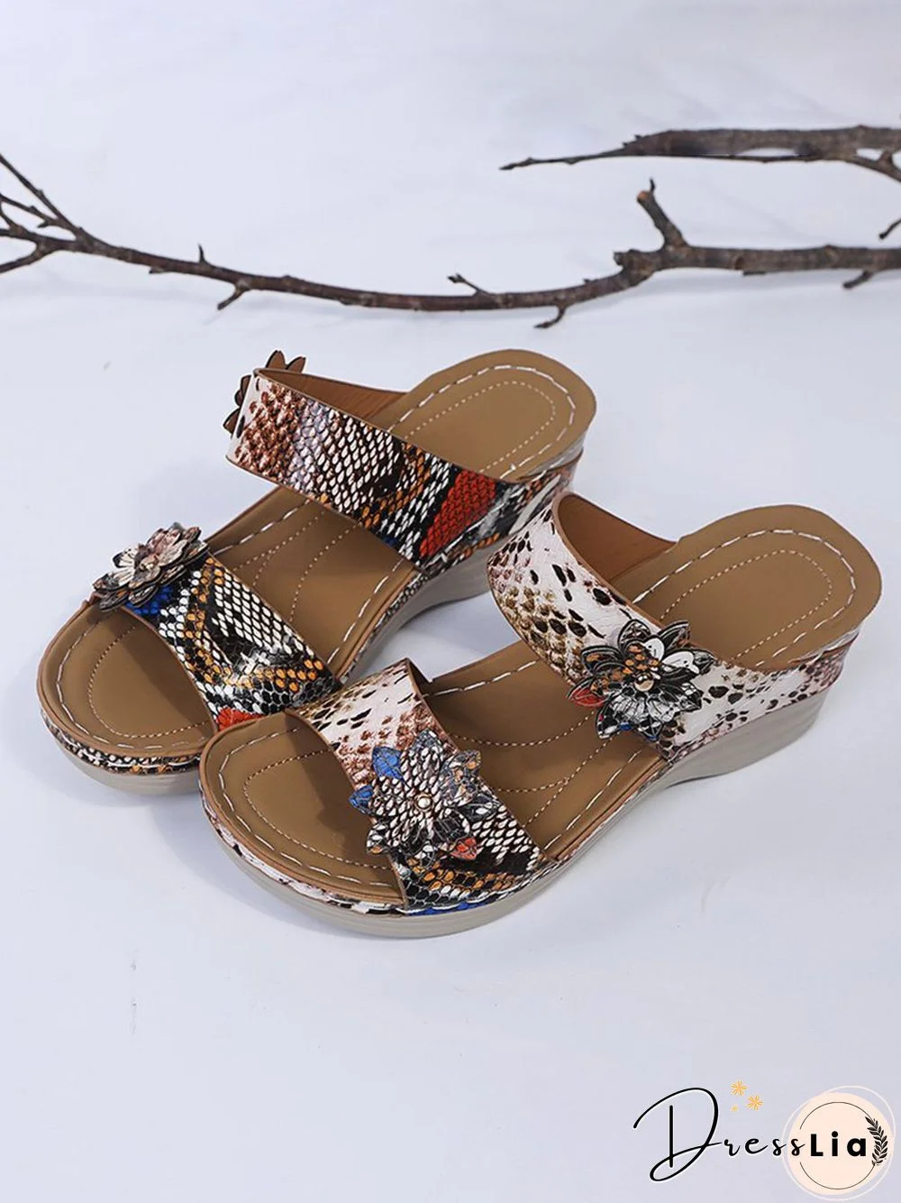 3D Floral Snake Print Wedge Sandals Slippers